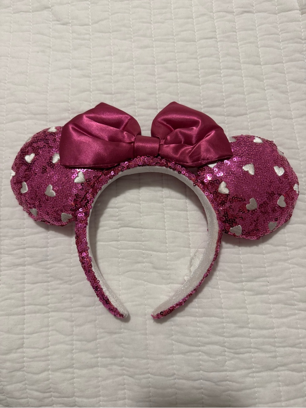 Pink Sequins with White Hearts Mickey Minnie Mouse Ears